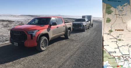 The 2022 Toyota Tundras on the Dempster Highway, along with a map of the road